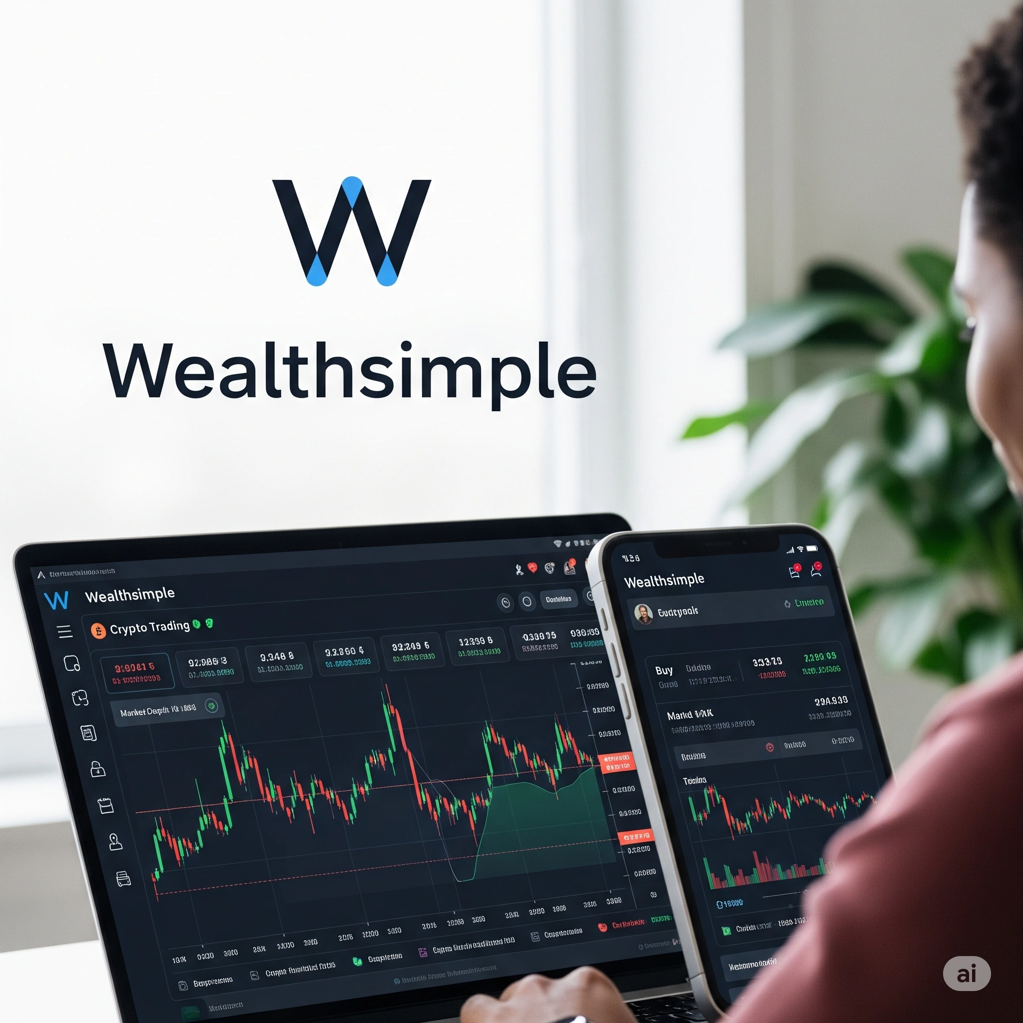 The Wealthsimple logo with a thumbs-up and crypto coins